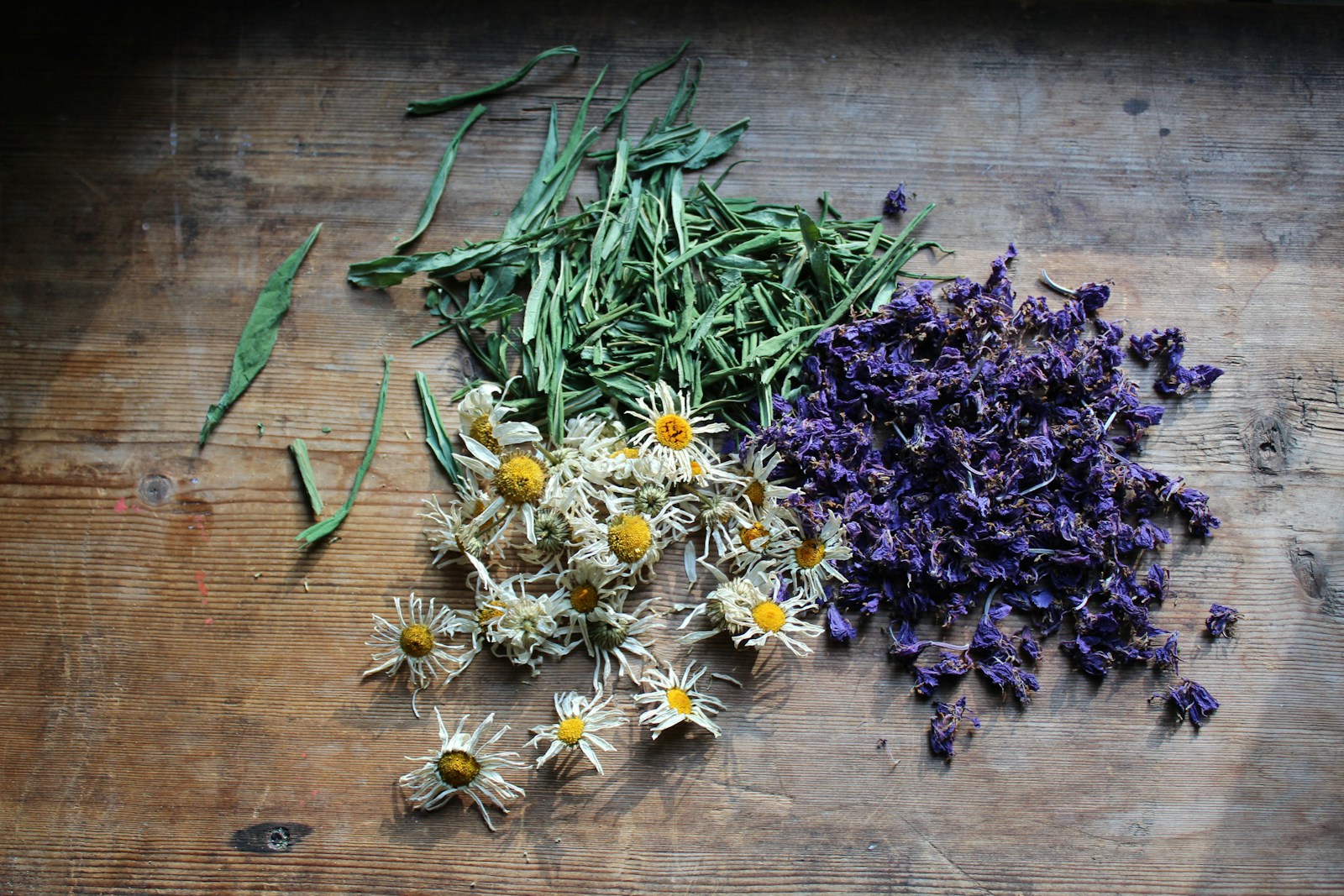 A wooden table laid with bundles of fresh chamomile flowers, a sprig of lemon balm, a small jar of dried passionflower and a steaming ceramic teapot beside an open notebook with handwritten herb notes.
