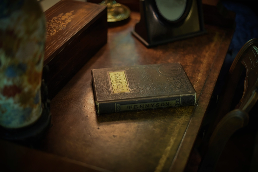 Rangée de livres anciens reliés en toile sur une étagère, dos usés et titres dorés