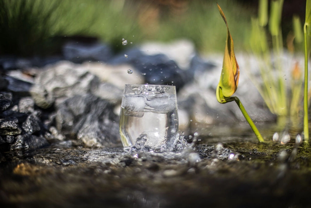 Verre d'eau rempli pos&eacute; sur une table en bois clair