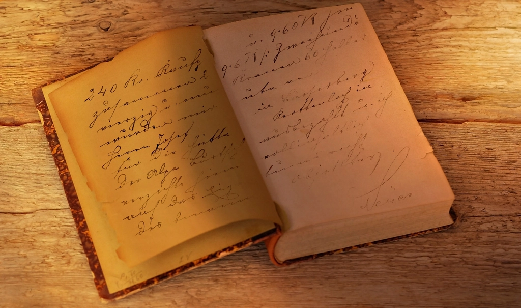 Carnet manuscrit ouvert sur une table, pages remplies d’une écriture serrée à l’encre